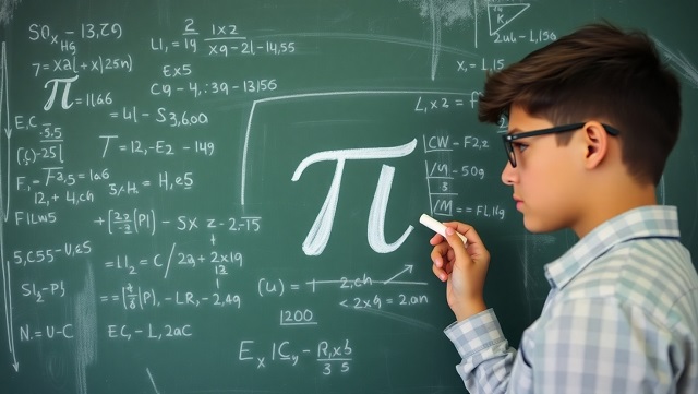Symbol Pi na tablicy z wyliczeniami przez ucznia